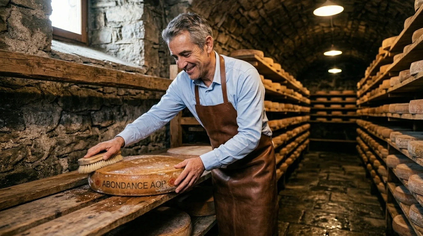 Affinage des meules d'Abondance AOP en cave traditionnelle