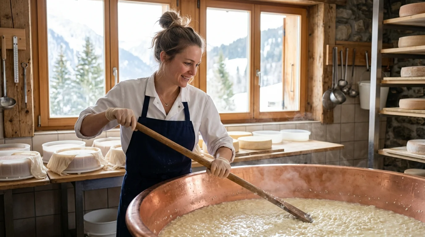 Fabrication du fromage d'Abondance AOP à la Fruitière de La Chapelle d'Abondance