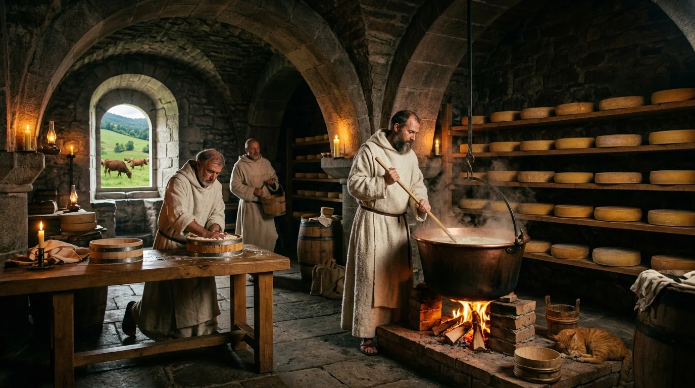 Fabrication du fromage d'Abondance par les moines dans l'abbaye médiévale