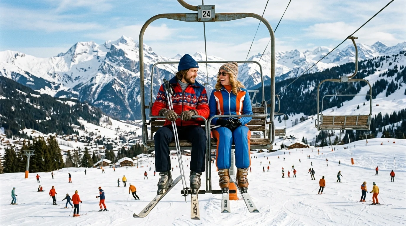 Télésiège vintage des Portes du Soleil avec vue panoramique sur les Alpes