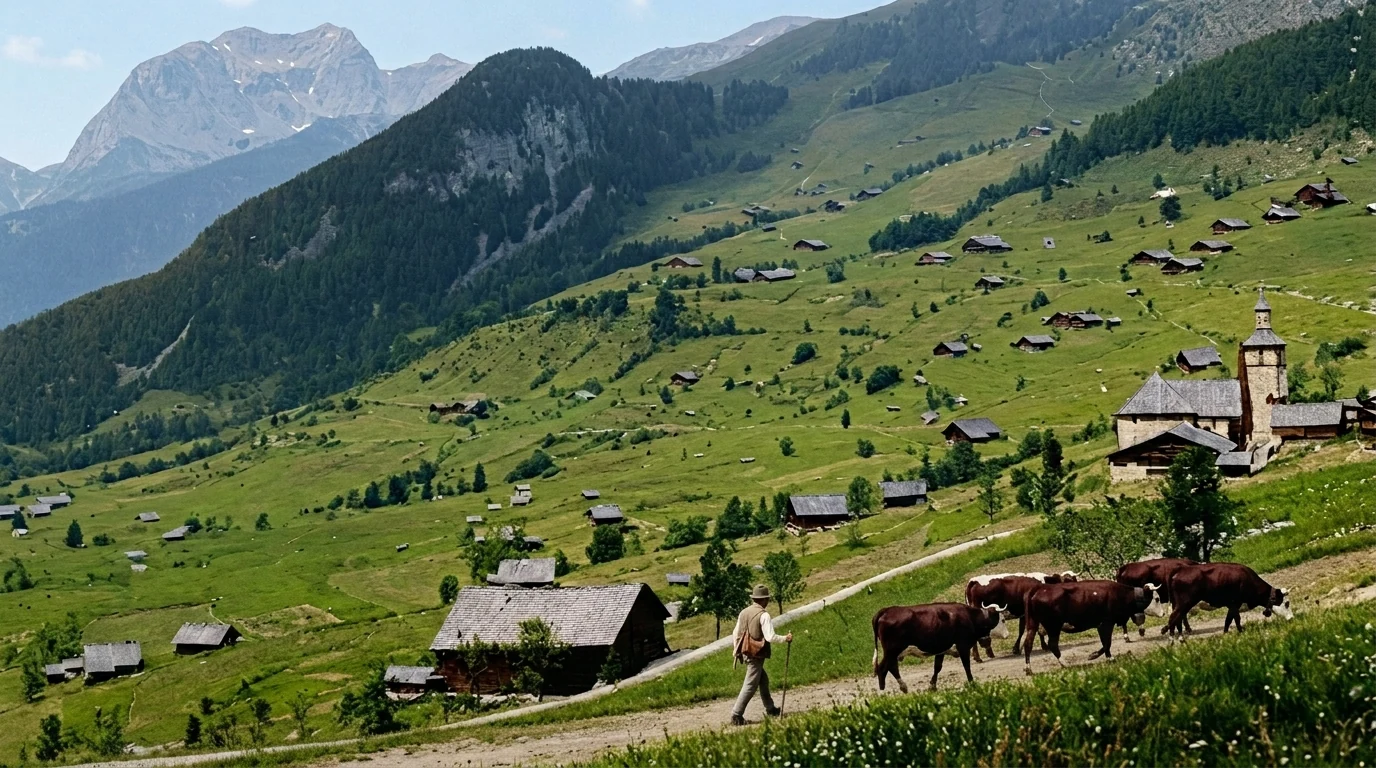 Village de Châtel vers 1890, vue panoramique avec église et alpages