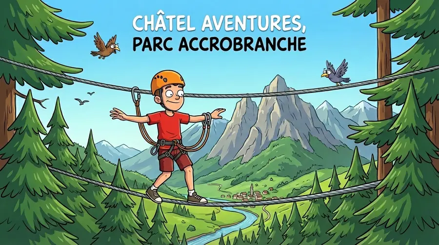 Aventurier sur les câbles avec oiseaux curieux à Châtel Aventures