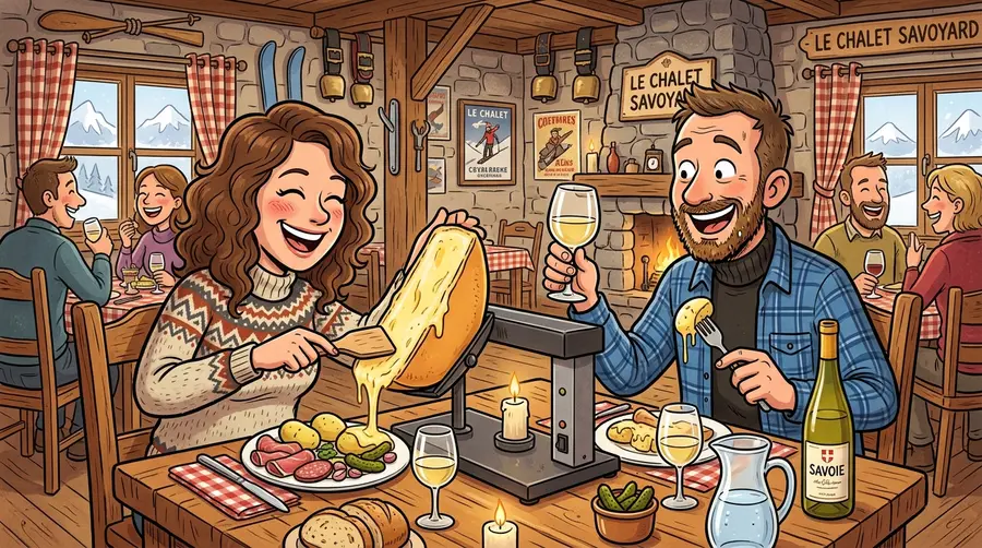 Ambiance conviviale et rires autour d'une raclette