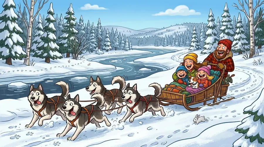 Famille heureuse en balade chiens de traîneaux