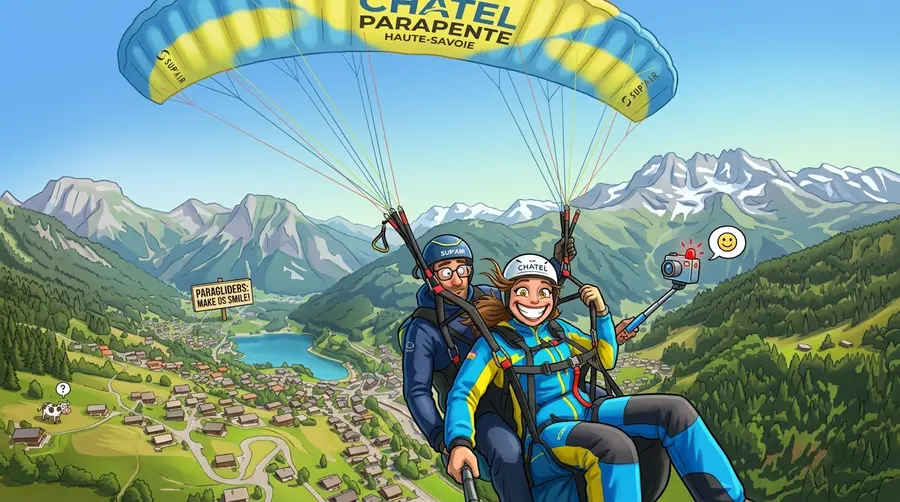 Parapentiste souriante avec selfie stick au-dessus des alpages