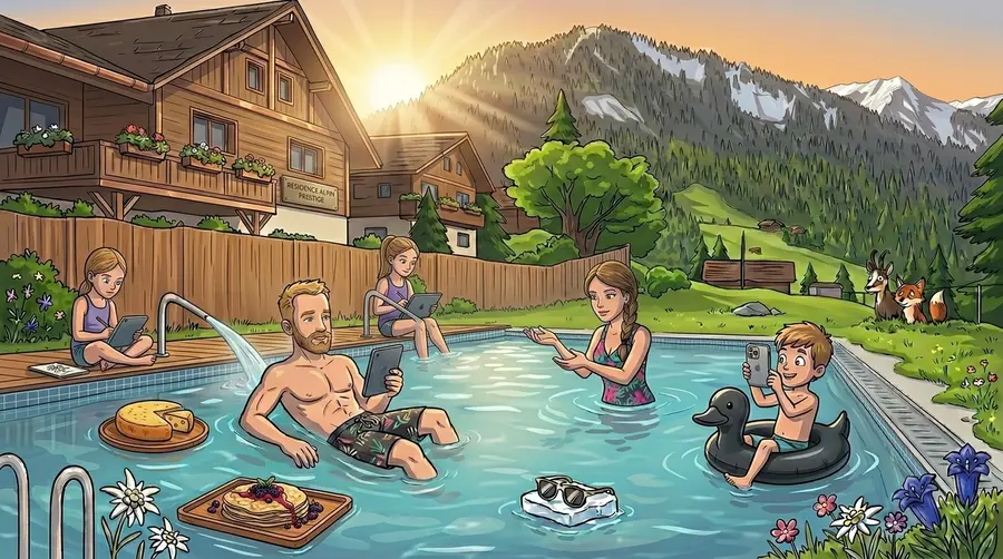Famille à la piscine avec vue sur les montagnes en été