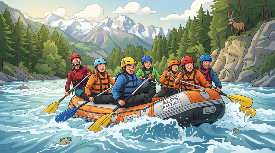 Équipe de rafting hilare sur les rapides de la Dranse