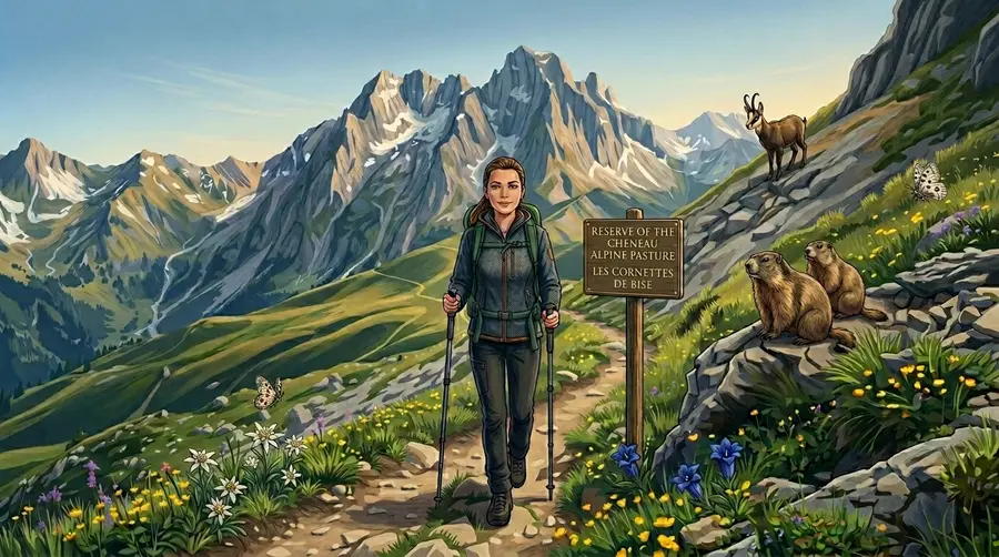 Randonneuse sur un sentier alpin avec vue sur les Cornettes de Bise