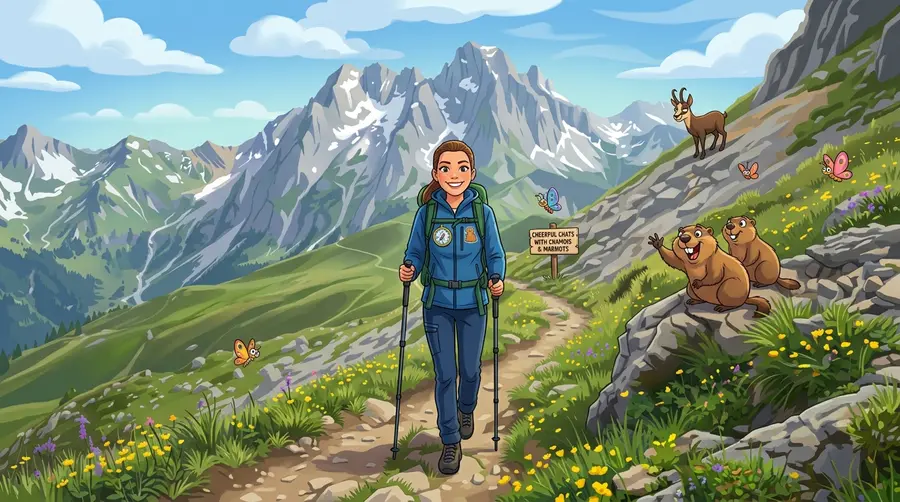 Randonneuse souriante avec marmottes et chamois