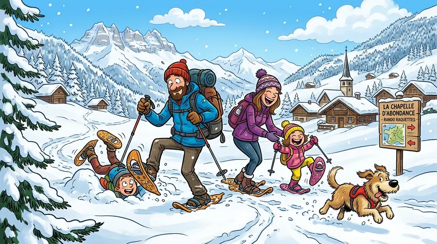 Famille en raquettes dans la neige fraîche