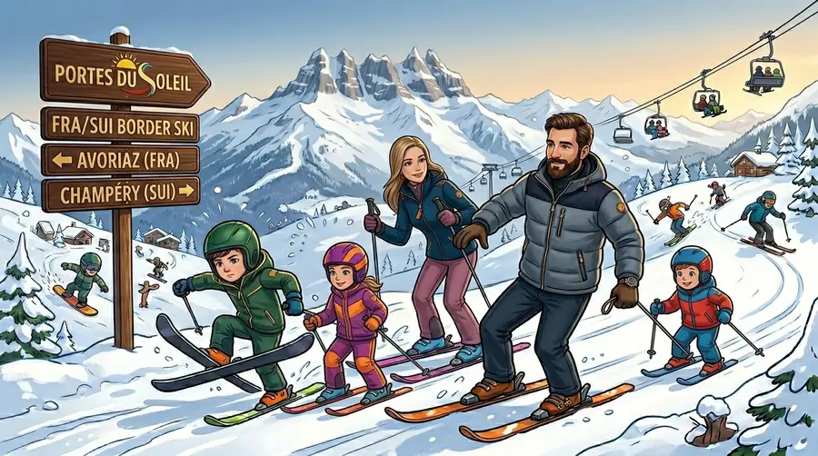 Famille sur les pistes de ski alpin des Portes du Soleil