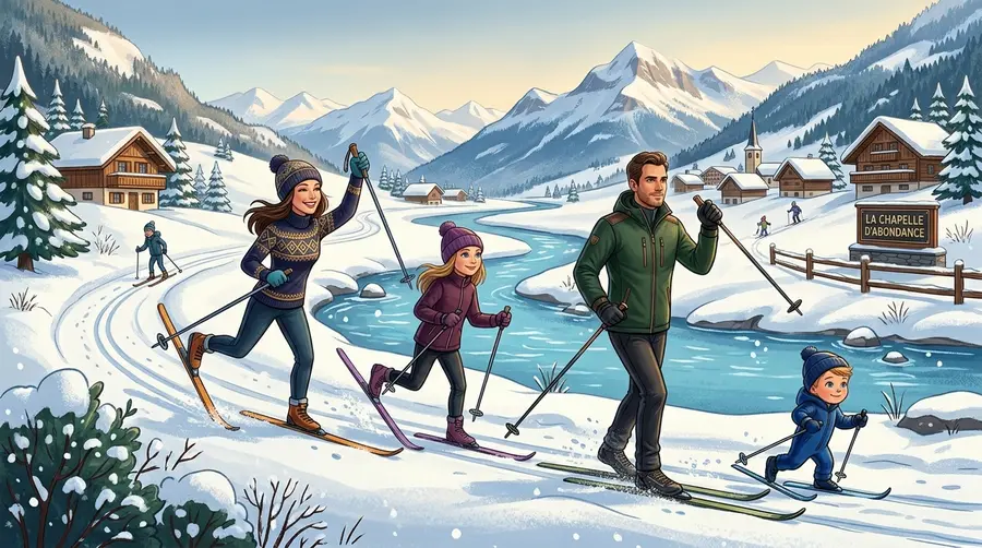 Famille pratiquant le ski de fond à La Chapelle d'Abondance