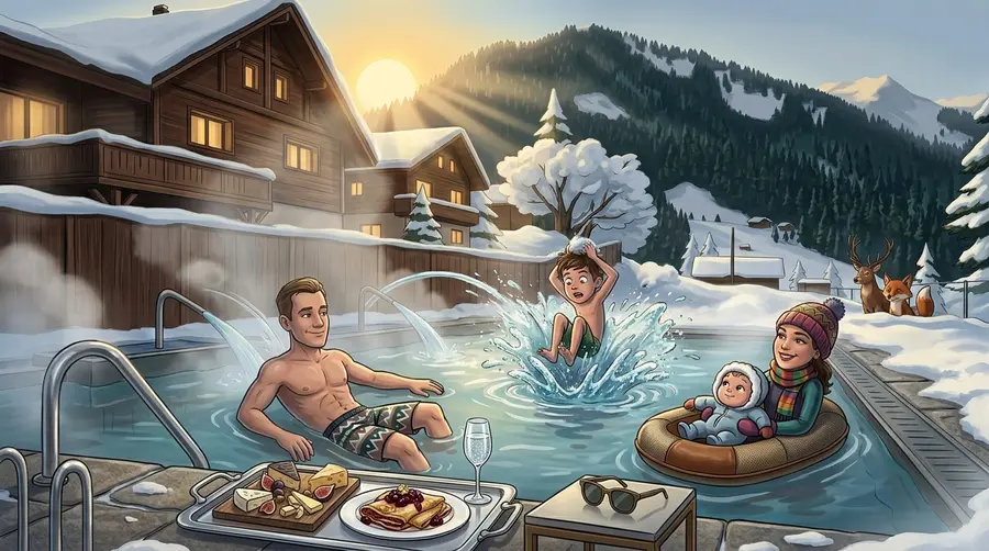 Détente en spa et piscine chauffée avec vue sur les montagnes