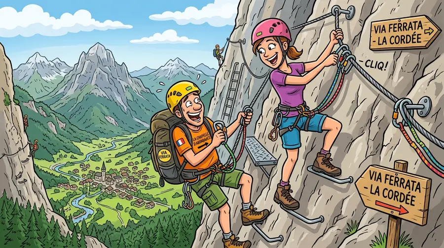 Grimpeurs souriants sur la Via Ferrata avec vue sur le village