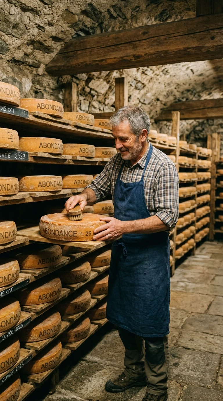 Affineur de fromage Abondance AOP dans sa cave